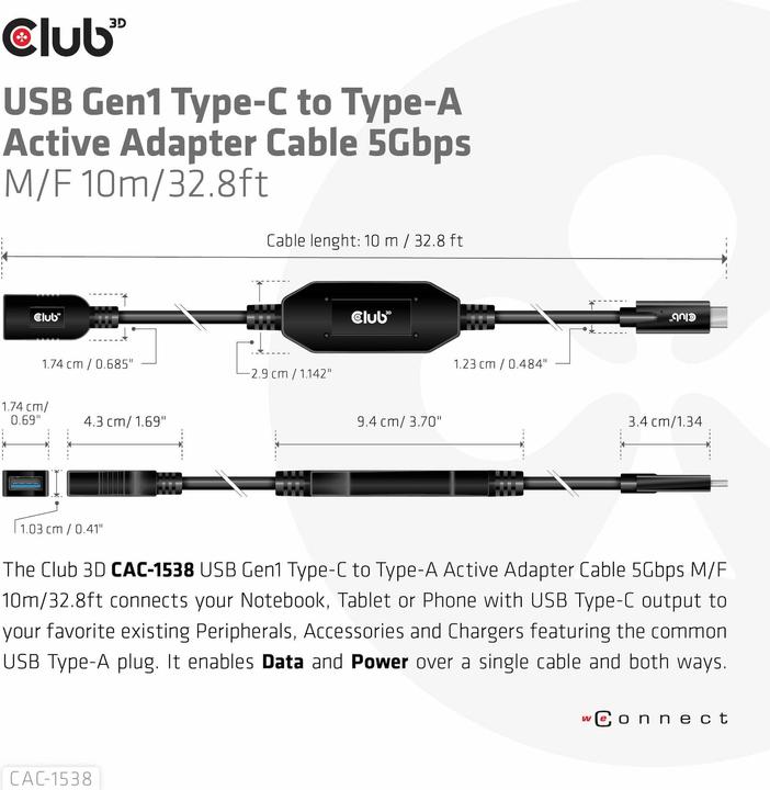 Actual product image Club 3D Club3D Cable USB 3.2 Type C <> USB Type A St/Bu (10 m, USB 3.2 Gen 1)