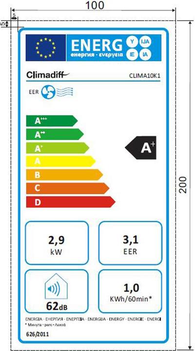 Etichetta energetica Climadiff Clima10K1 (29 m², 10000 BTU/h)