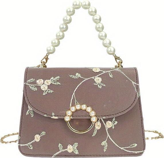 Image du produit Only-Bags.Store Elegante, floral bestickte, quadratische Mini-Tasche mit Kunstperlen-Akzenten und verstellbarem