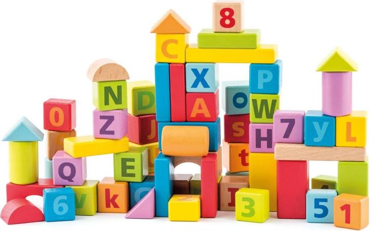Image du produit Woody Blocs en bois avec alphabet et chiffres pastels, 60 pièces