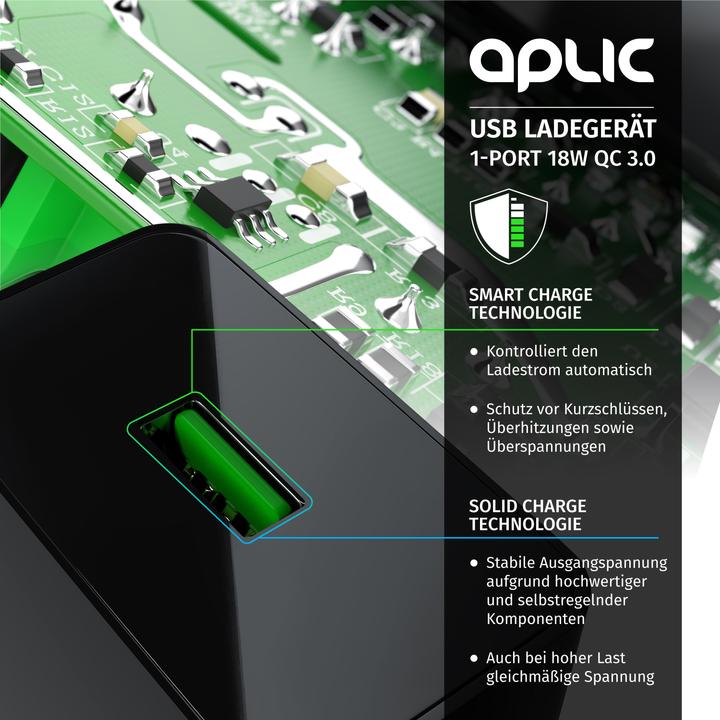 Actual product image Aplic USB charger 3000 mA, Quick Charge 3.0 USB charger 1x USB A QC 3.0 port, max. 3A via QC, black