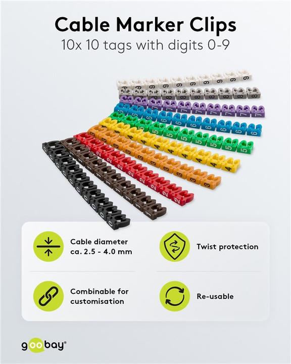 Image du produit Goobay Clips marqueurs de câbles "chiffres 0-9", pour diamètre de câble jusqu'à 4 mm, 4 mm