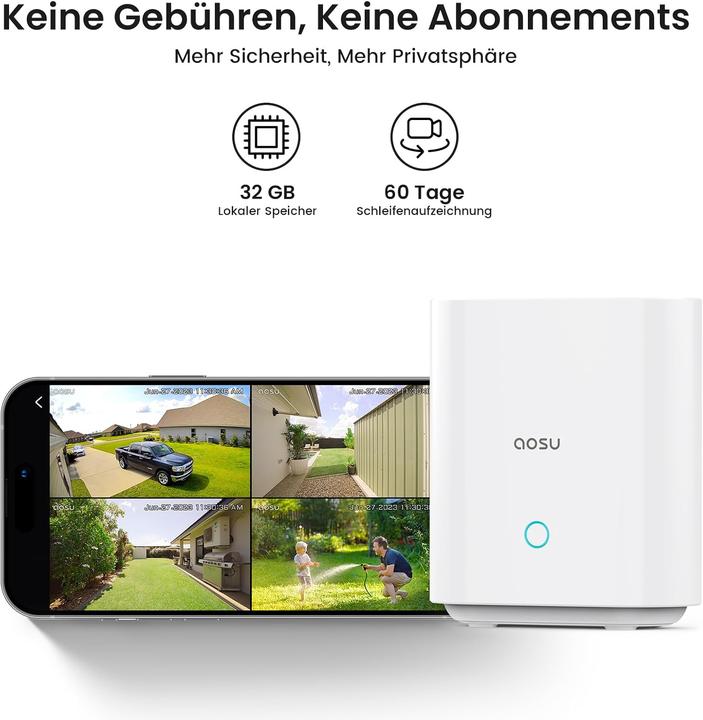 Produktbild Aosu Solar Überwachungskamera-Set mit HomeBase, Farb-Nachtsicht, 360° Schwenk, 2 Stk.