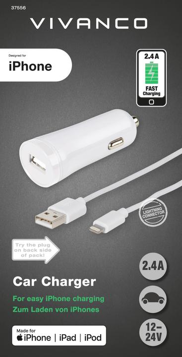 Image du produit Vivanco Chargeur allume-cigare 2.4A USB et câble de connexion Lightning de 1m, blanc