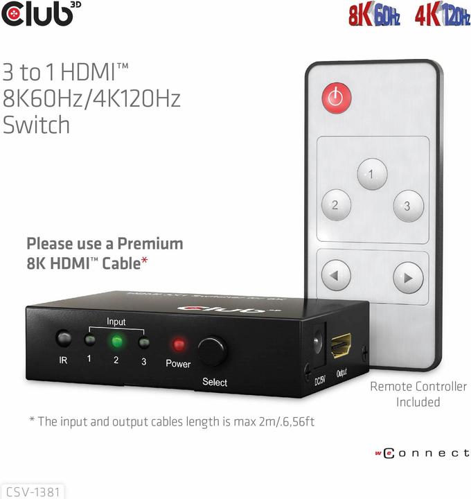 Produktbild Club 3D Club3D HDMI Switchbox 3 Eingänge -> 1 Ausgang 8K60Hz UHD retail