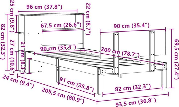 Productafbeelding VidaXL Massief houten bed Houten bed met plank zonder matras 90x200cm grenen (90 x 200 cm)
