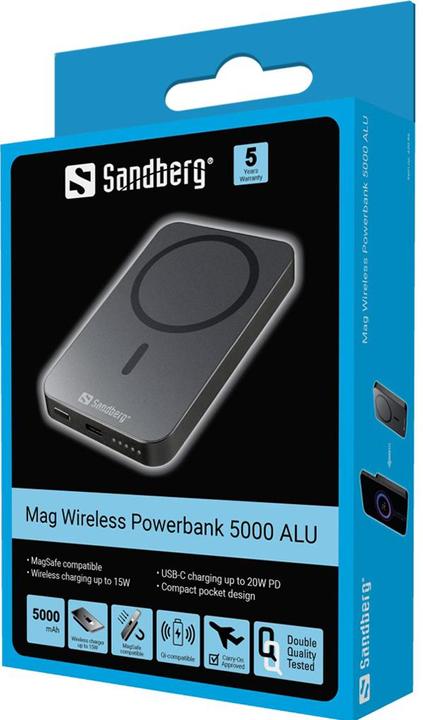 Immagine prodotto Sandberg Mag Wireless Powerbank 5000ALU (5000 mAh, 20 W, 19.25 Wh)