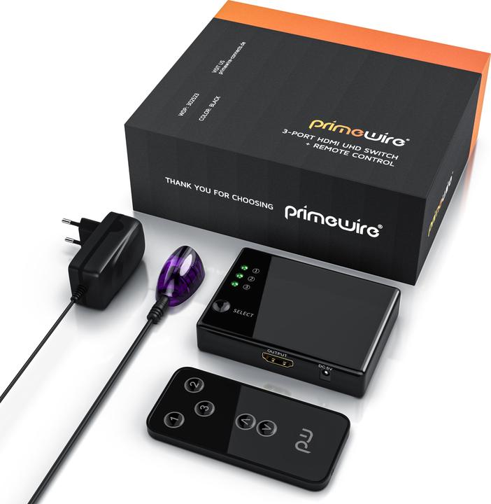 Produktbild Primewire HDMI Switch 4k Ultra HD, 3 Port Verteiler mit Fernbedienung, 4K, 3D, CEC, ARC