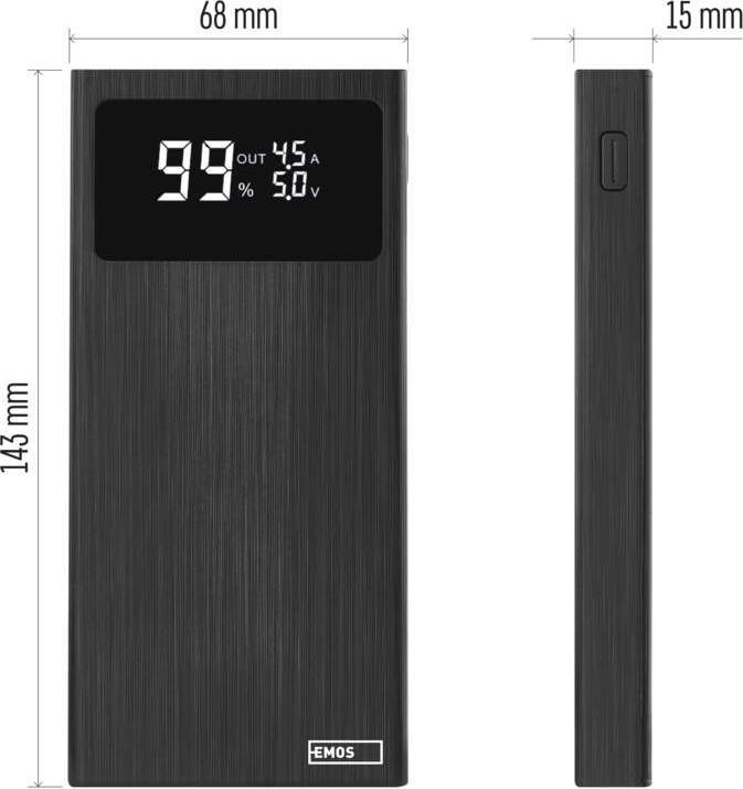 Image du produit Emos Banque d'alimentation BetaQ 10, 10 000 mAh, 22,5 W, noir (10000 mAh, 22.50 W, 37 Wh)