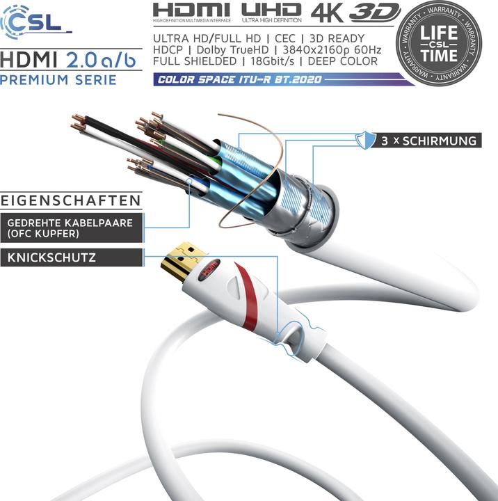 Produktbild CSL HDMI Kabel 2.0b - 4k Ultra HD 2160p - 3D Ready - High Speed - 3 fach geschirmt - HDMI 2.0b 2.0a 2.0 (7.50 m, HDMI)