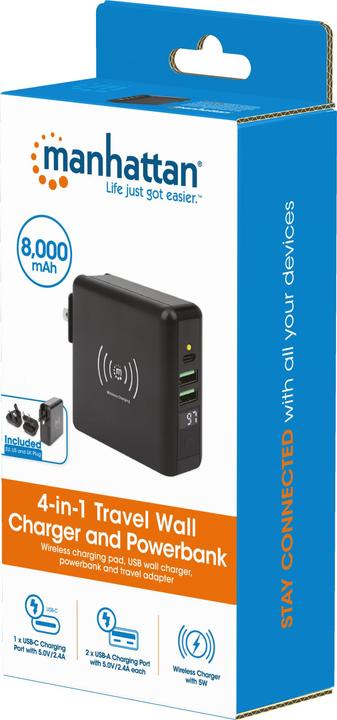 Actual product image Manhattan 4-in-1 Travel Charger and Powerbank 8,000 mAh One 5 W wireless induction charging pad, two 12 W USB (8000 mAh, 5 W, 29.60 Wh)