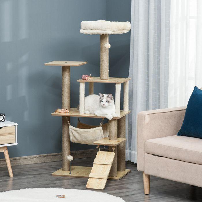 Image du produit Swisshandel24 Arbre à chat Arbre à chats Arbre à grimper en bois avec niche pour chats Tiges de jute Grande (130 cm, Jaune)