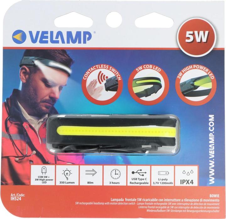 Produktbild Velamp BOWIE, 2in1 wiederaufladbare LED-Stirnlampe mit Bewegungssensor (150 lm)