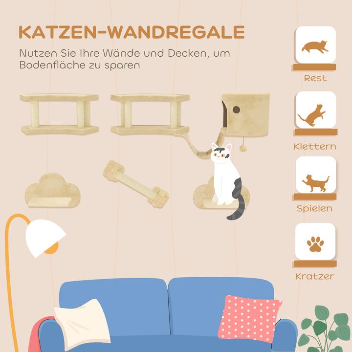 Produktbild PawHut Katzen Kletterwand Set Spanplatte, Plüsch Beige (54 cm, Beige+Cremeweiss)