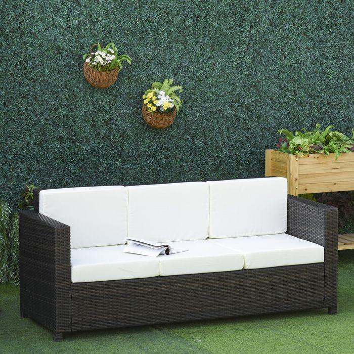Immagine prodotto Swisshandel24 Divano in poly rattan con cuscini Divano da giardino a 3 posti in metallo poliestere marrone+bianco
