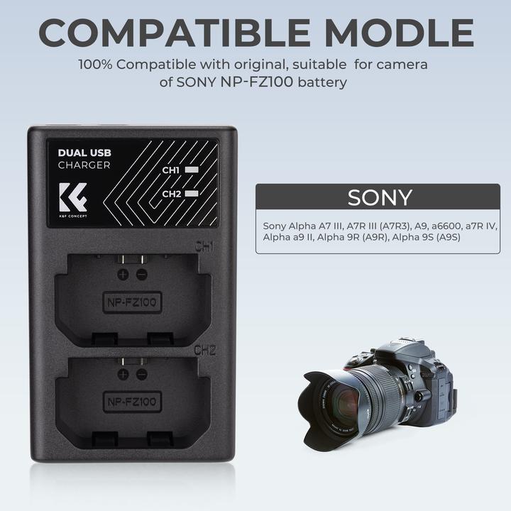 Produktbild K&F Concept FZ100 Digital Camera LED Dual Channel Charger with Type C Charging Cable (Kamera Akku Ladegerät)