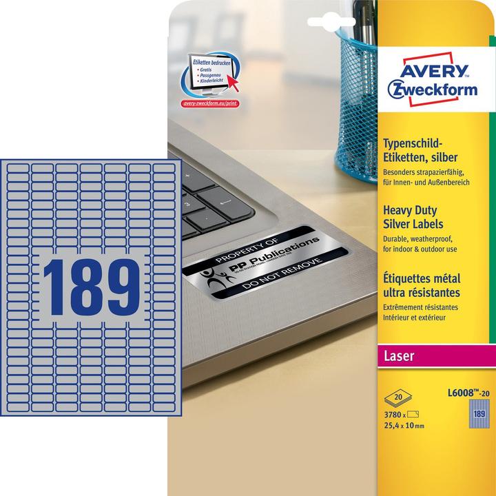 Actual product image Avery Silver polyester labels - for black/white laser printers - 25.4 x 10 mm