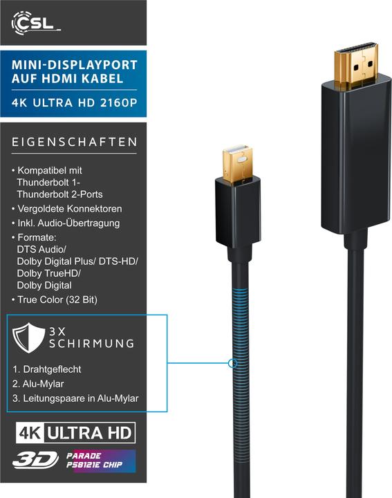Produktbild CSL 4k Mini Displayport auf HDMI Kabel | Thunderbolt 1- und Thunderbolt 2 Ports | 4K Ultra HD 2160p (3 m, DisplayPort, HDMI)