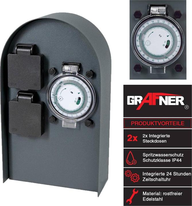 Image du produit Grafner Colonne de prises en acier inoxydable avec minuterie 2 prises extérieures Anthracite Prise de jardin