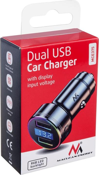 Actual product image Maclean MCE375 dual car charger with display cigarette lighter socket Aluminum voltmeter USB 1 x QC 3.0, USB