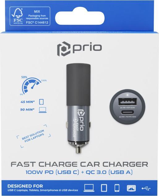 Produktbild prio Fast Charge Autoladegerät 100W PD (USB C) + 22,5W (USB A) schwarz