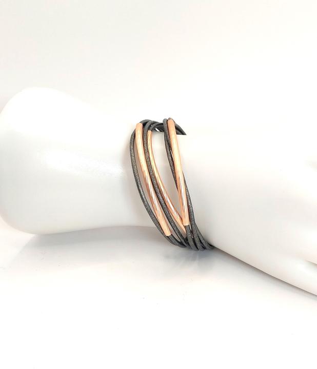 Image du produit Signé Signè bracelet avec fermeture magnétique cuir gris foncé éléments doré rose No.13 (19.40 cm, Métal, Laiton, sans plomb, Sans cadmium, Sans nickel)