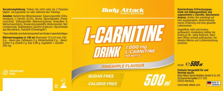 Valeurs nutritives et ingrédients Body Attack Boisson à la L-Carnitine (18x 500 ml) (Ananas, 18 x)