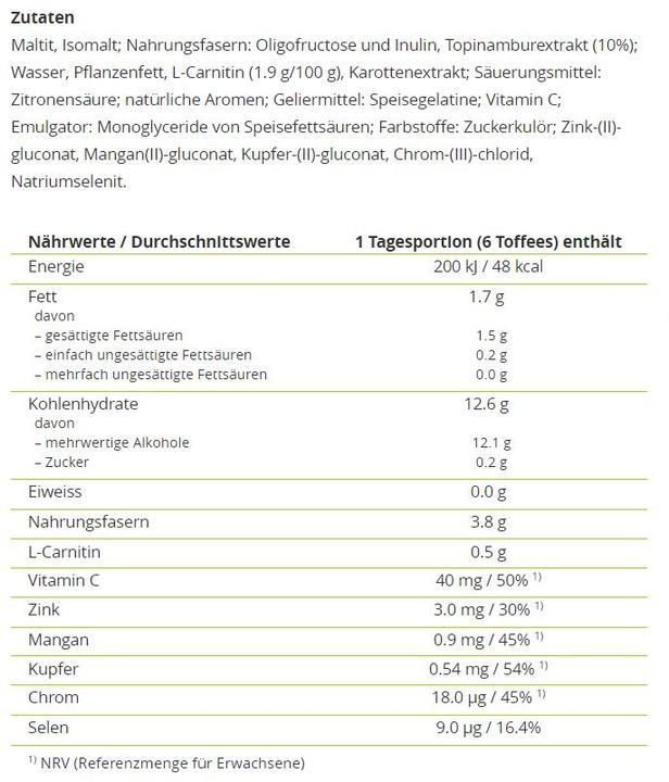 Nährwerte und Zutaten Alpinamed Topinambur Toffees (123g) (123 Stück, 123 g)