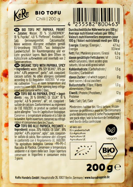 Valeurs nutritives et ingrédients KoRo Tofu bio au paprika, épicé (1200 g)