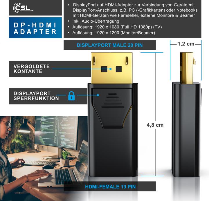 Produktbild CSL DisplayPort zu HDMI Adapter, Audio Video Adapter, Ultra HD 4k DP zu HDMI Konverter (HDMI, 2.15 cm)
