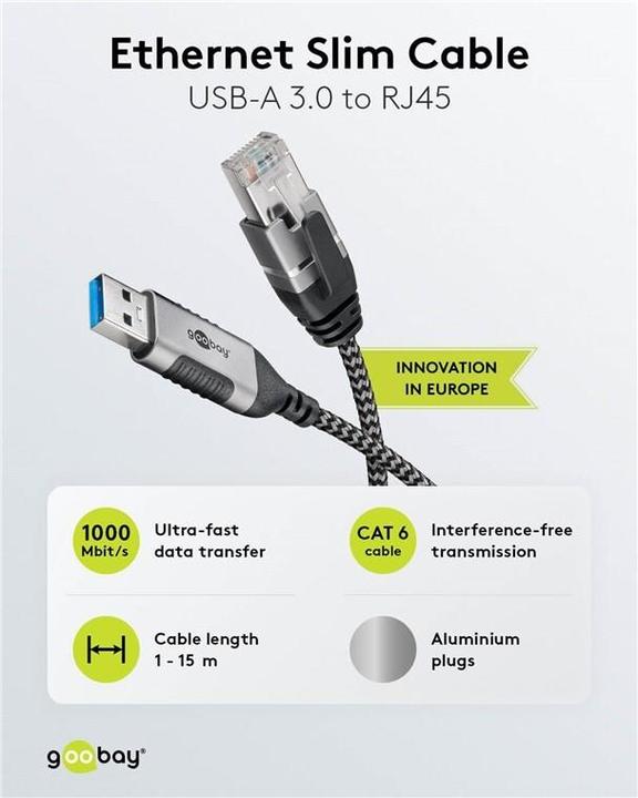 Image du produit Goobay Câble Ethernet USB-A 3.0 vers RJ45, Slim, 7,5 m (USB 3.0, RJ45, RJ45 (1x))