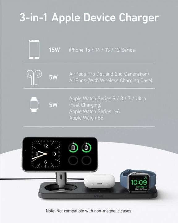 Produktbild Anker Stacja magnetyczna pozioma MagGo 15W 3-in-1 Czarna (25 W)
