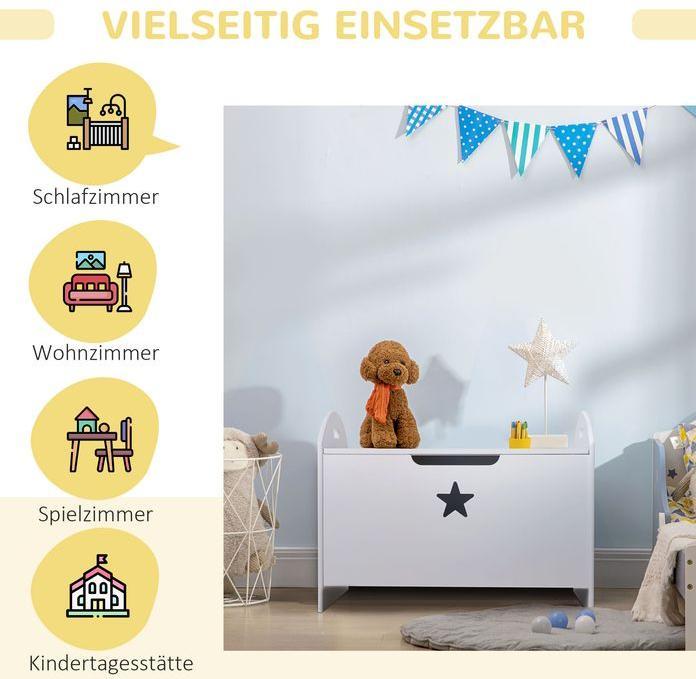 Produktbild Swisshandel24 Spielzeugkiste Kinder Aufbewahrungsbox Sitztruhe Sicherheitsscharnier Weiss MDF 62 x 40 x 46,5 cm