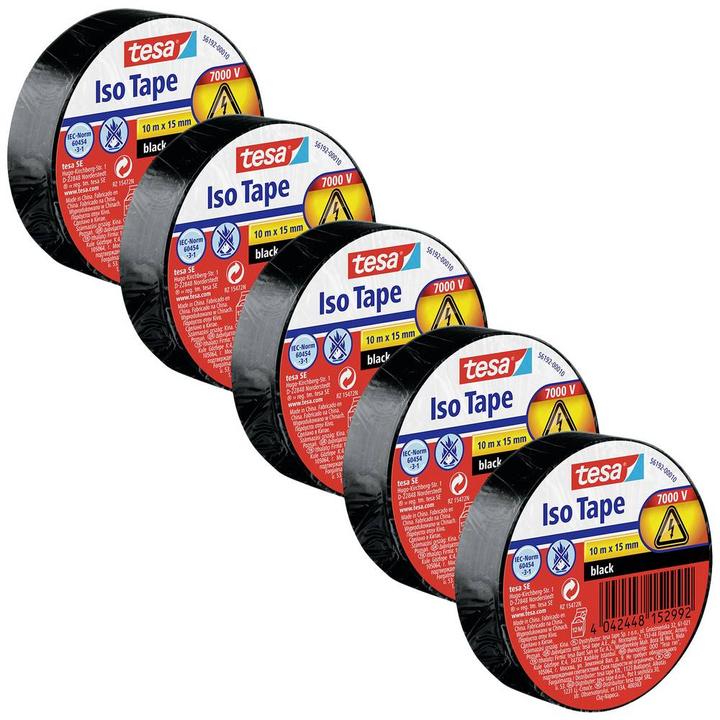 Produktbild tesa 5x Elektro Isolierband, hitzebeständiges Klebeband zum Isolieren, Reparieren & Bündeln, Fünferpack (15 mm)