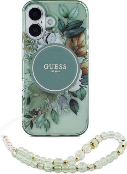 Actual product image Guess GUHMP16MHFWBRCESN iPhone 16 Plus 6.7" zielony/green hardcase IML Flowers With Pearl Strap MagS