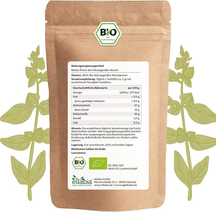 Produktbild Eltabia Bio Ashwagandha Pulver | Indischer Ginseng in Rohkost-Qualität und Vegan (Kapseln, 200 g)