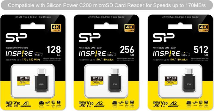 Productafbeelding Silicon Power Geheugenkaarten Inspire 128GB, DDR200, W/A, CL10, V30, A1, TF SDXC UHS-IU3 (128 GB, microSDXC, U3, UHS-I)