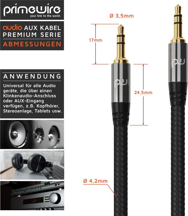 Immagine prodotto Primewire Cavo jack AUX da 3,5 mm, cavo audio con guaina in nylon, cavo audio da jack a jack da 3,5 mm (3 m, Connettore da 3,5 mm (AUX))
