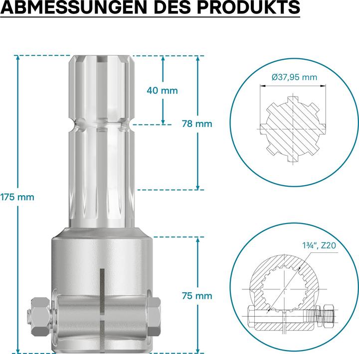 Produktbild Wiltec Zapfwelle 175mm Buchse Keilwellenaufnahme 1 3/4" Z20 für Ausgangswelle 8-32x38x6 (Traktorzubehör)