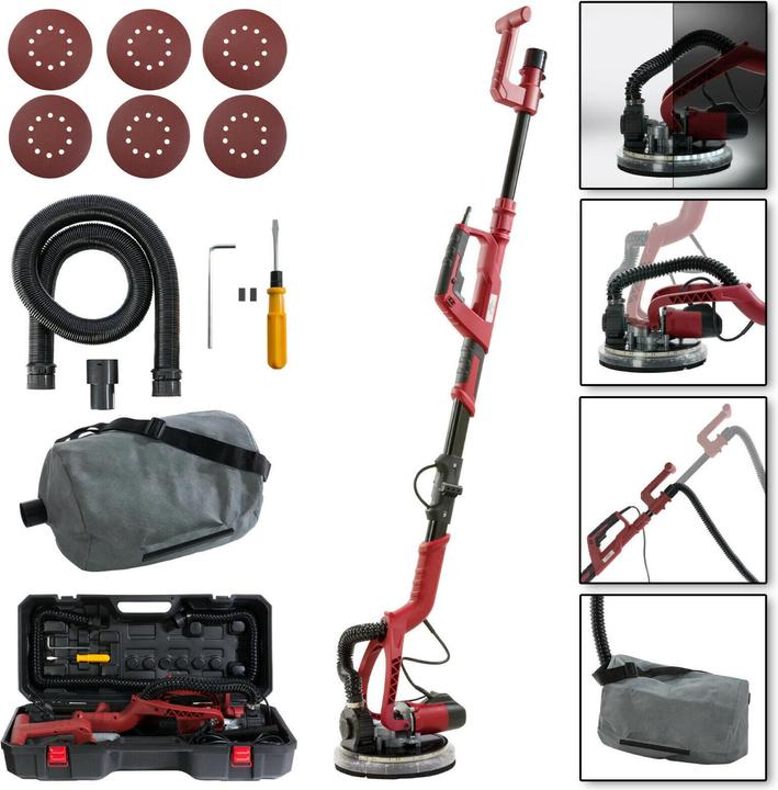 1x transport and storage case, 2x suction adapter, 1x wall and ceiling sander, 1x 4 m suction hose, 1x LED work light, 6x sanding discs (80/100/120/150/180/240 grit)