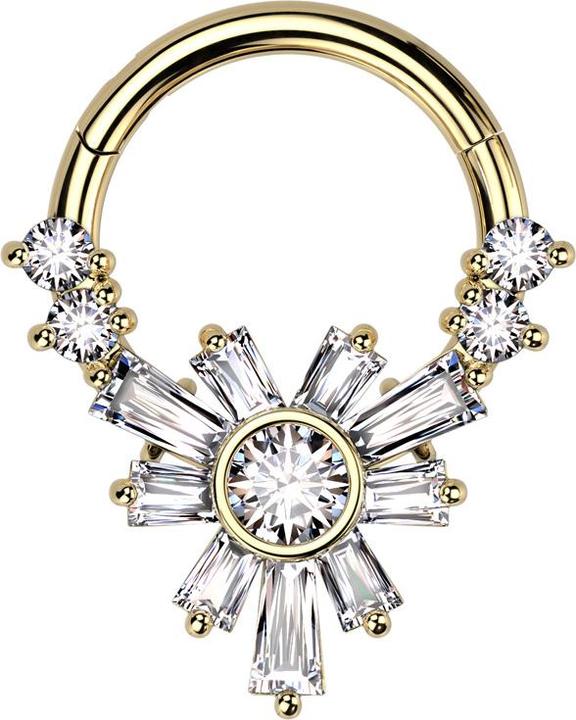 Star Piercing Micro Segmentring klappbar vergoldet vier runde und Baquette Blume Kristalle silber (Messing, Chirurgenstahl 316L)