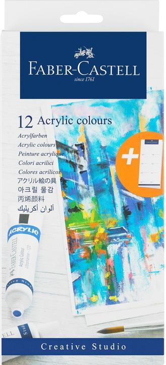 Faber-Castell Acrylfarbe in Tube, 12er Kartonetui hochpigmentierte, lichtechte Farben mit glänzendem (DAA326, 20 ml)