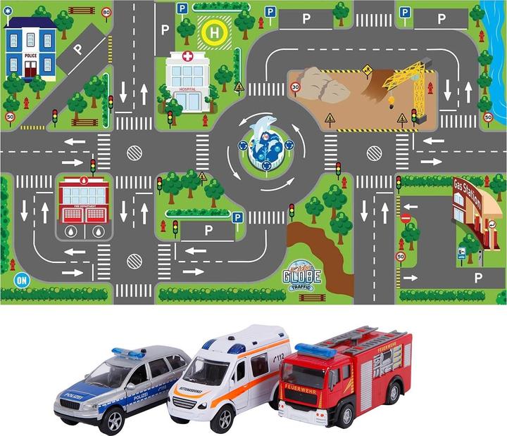 Produktbild Van Manen Veenendaal Kids Globe Spielteppich mit Autos Set (leuchtende Ampeln, Kinder-Teppich mit Feuerwehrauto Polizeiau (120 x 72 cm)