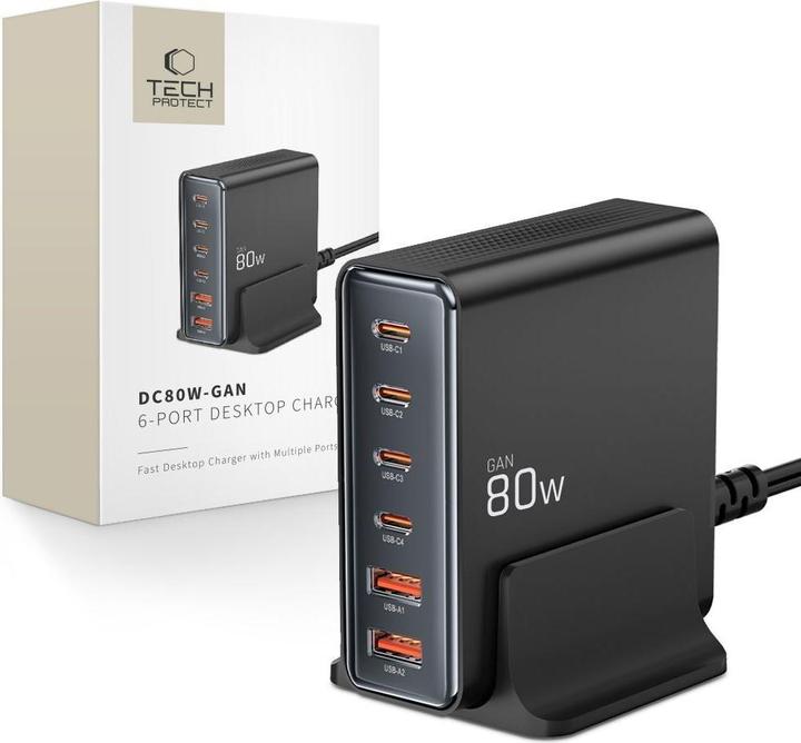 Produktbild Tech-Protect DC80W-GAN 6-PORT PD80W/QC3.0 Charging Station - Black (80 W)