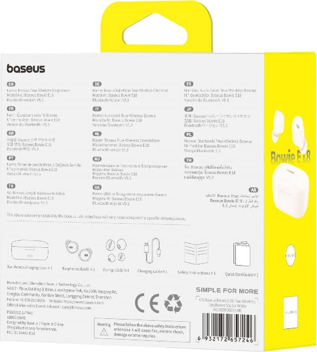 Actual product image Baseus Bowie E18 wireless TWS ENC IPX4 headphones - white (ANC, 25 h, Wireless)