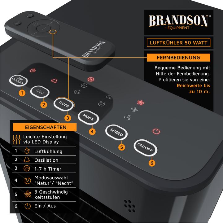 Produktbild Brandson Mobiler Luftkühler, Wasserkühlung, 5L Wassertank, Klimaanlage, 50W Verdunstungskühler, Timer, Lüfter