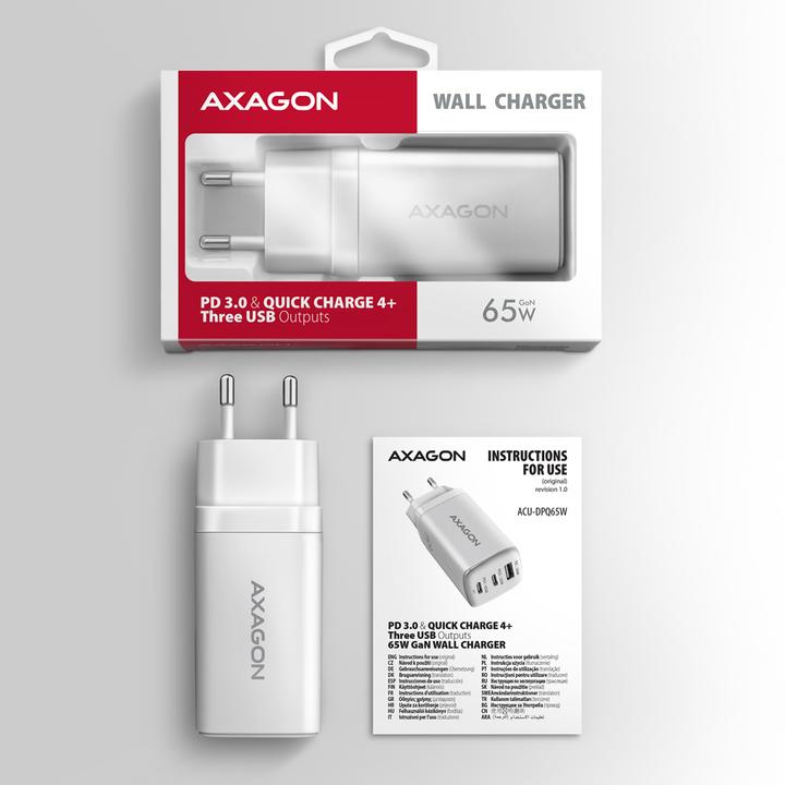 Produktbild Axagon ACU-DPQ65W, GaN nabíječka do sítě, 3x port (USB-A + dual USB-C), PD3.0/QC4+/PPS/Apple (65 W)