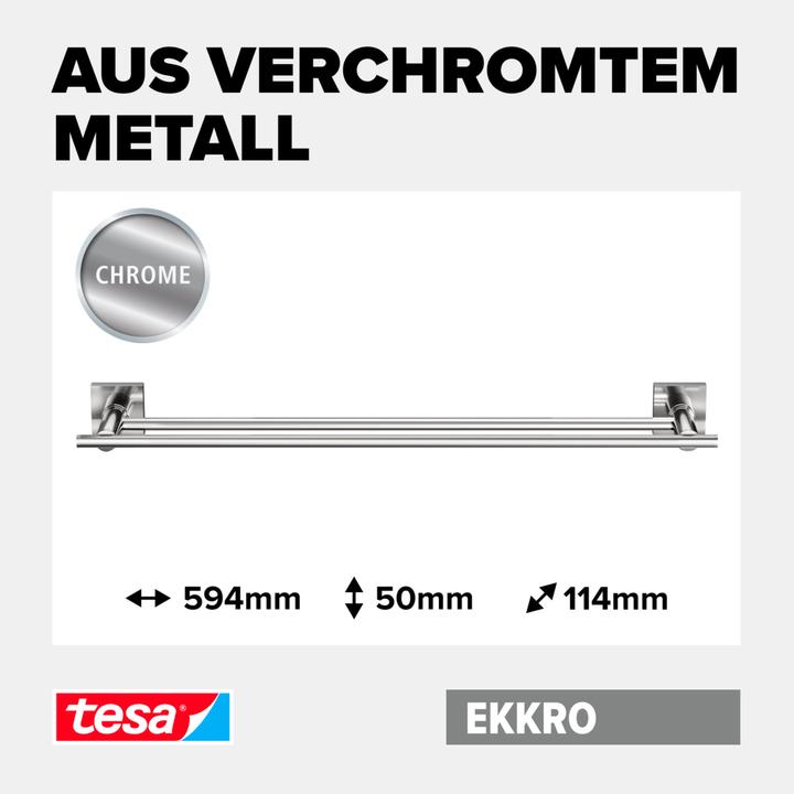 Produktbild tesa EKKRO Doppel-Handtuchstange, verchromt - Badetuchhalter zur Wandbefestigung ohne Bohren