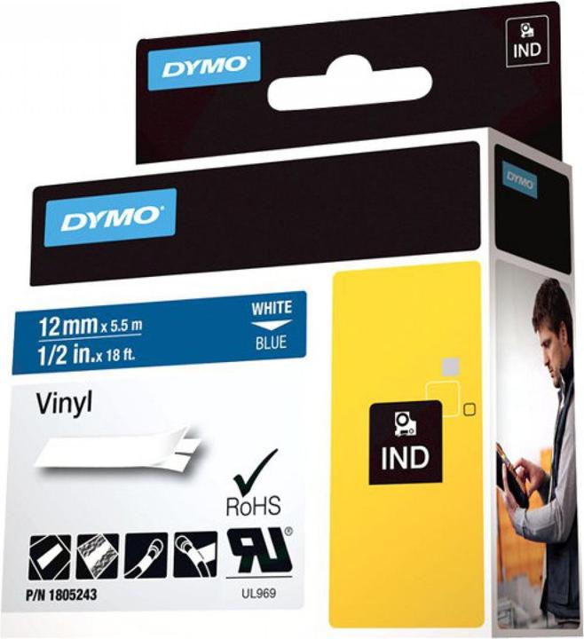 Actual product image Dymo Rhino 12mm white on blue vinyl (1.20 cm, Blue)