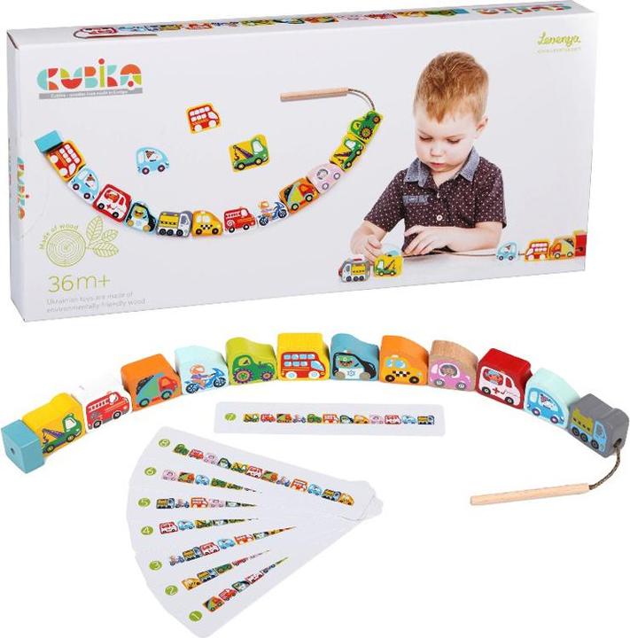 Actual product image Cubika Wood threading game flying cars (German, English, French, Italian)
